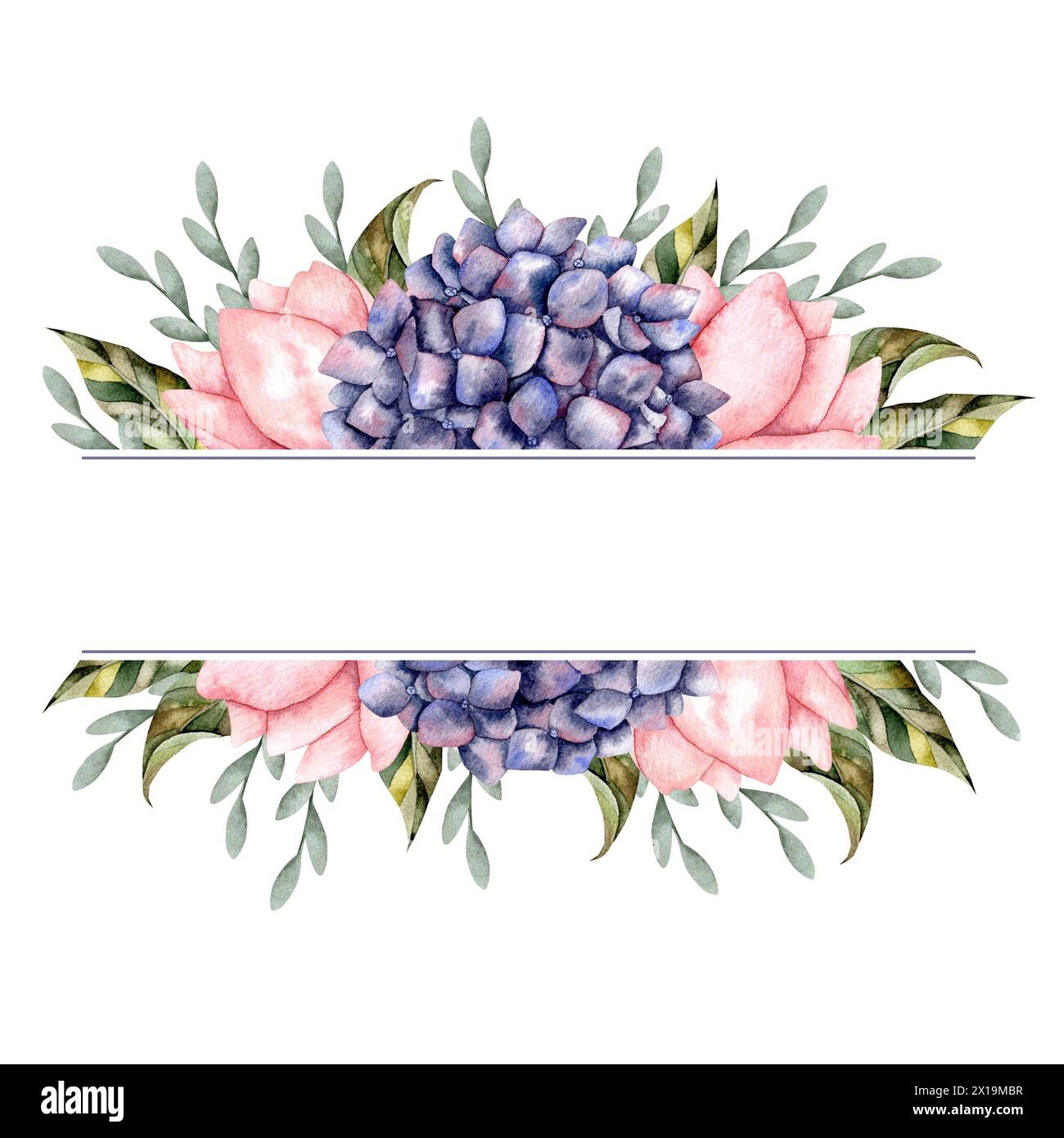 Cadre aquarelle dessiné à la main avec hortensia. Composition florale pour la décoration et le design Banque D'Images