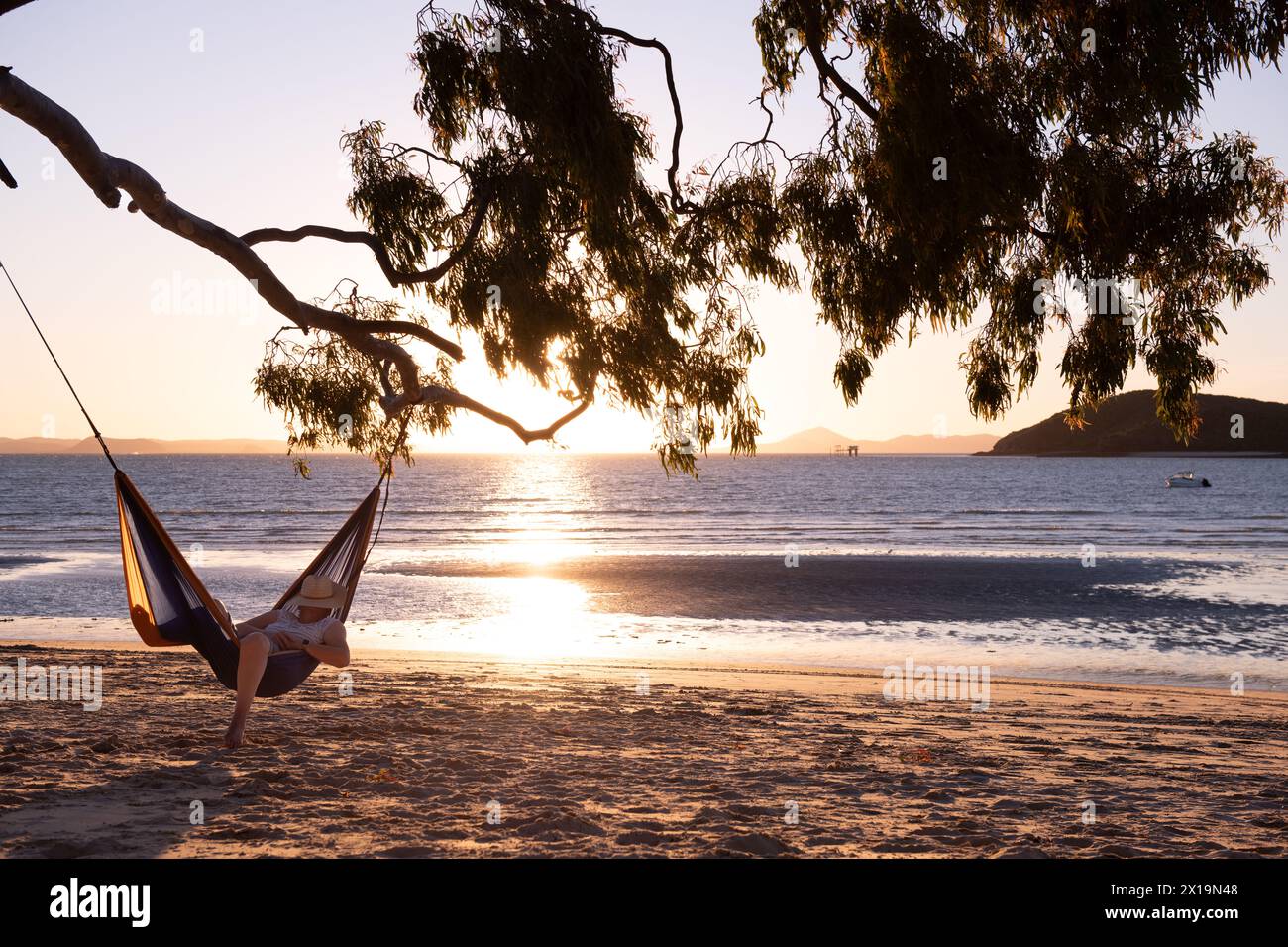 Femme se relaxant dans un hamac suspoended de l'arbre sur une plage tropicale Banque D'Images