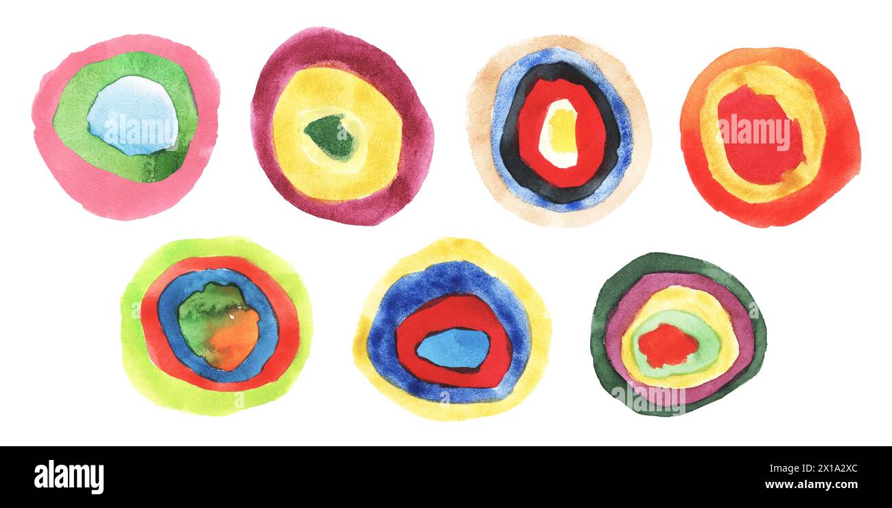 Cercles de motif mosaïque abstrait. Figurines rondes colorées de style Kandinsky. Aquarelle peinte à la main Banque D'Images