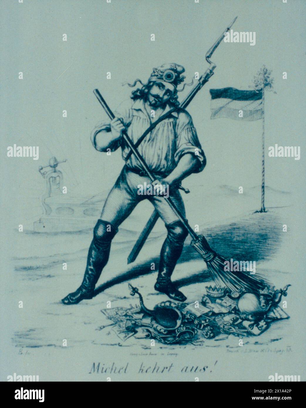 Un révolutionnaire allemand de 1848 balaie les symboles de la royauté et du privilège aristocratique, illustration Banque D'Images