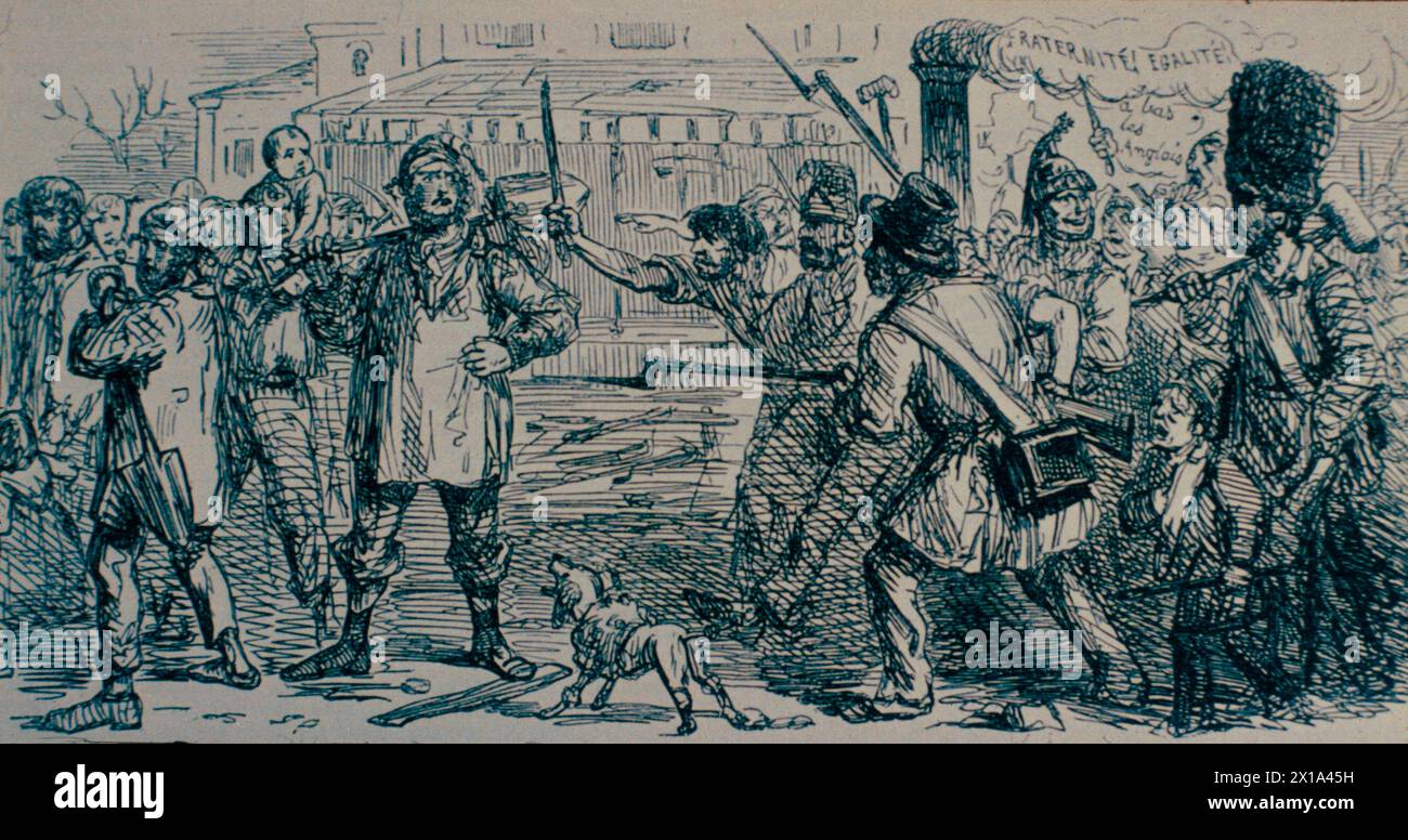 L’idée de fraternité est contestée : les travailleurs français tentent de chasser leurs concurrents anglais hors du pays, illustration 1848 Banque D'Images
