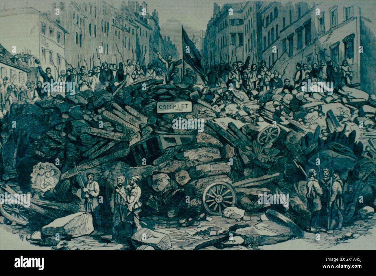 Barricade de la rue du Faubourg Saint-Antoine pendant les journées de juin 1848 à Paris, France, illustration Banque D'Images