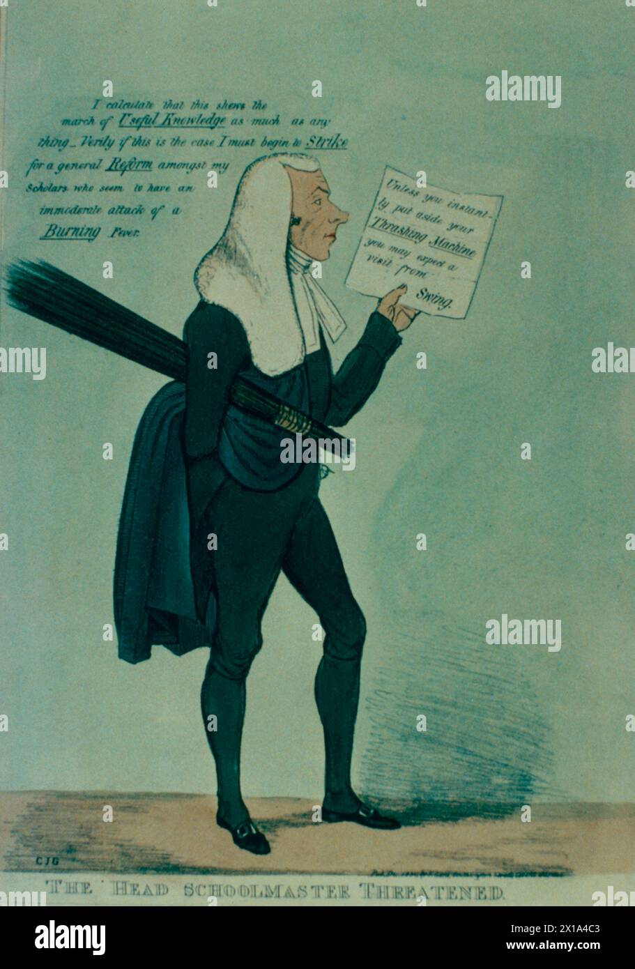 Chef d'école menacé, caricature britannique sur les révoltes agricoles de 1830, illustration, XIXe siècle Banque D'Images