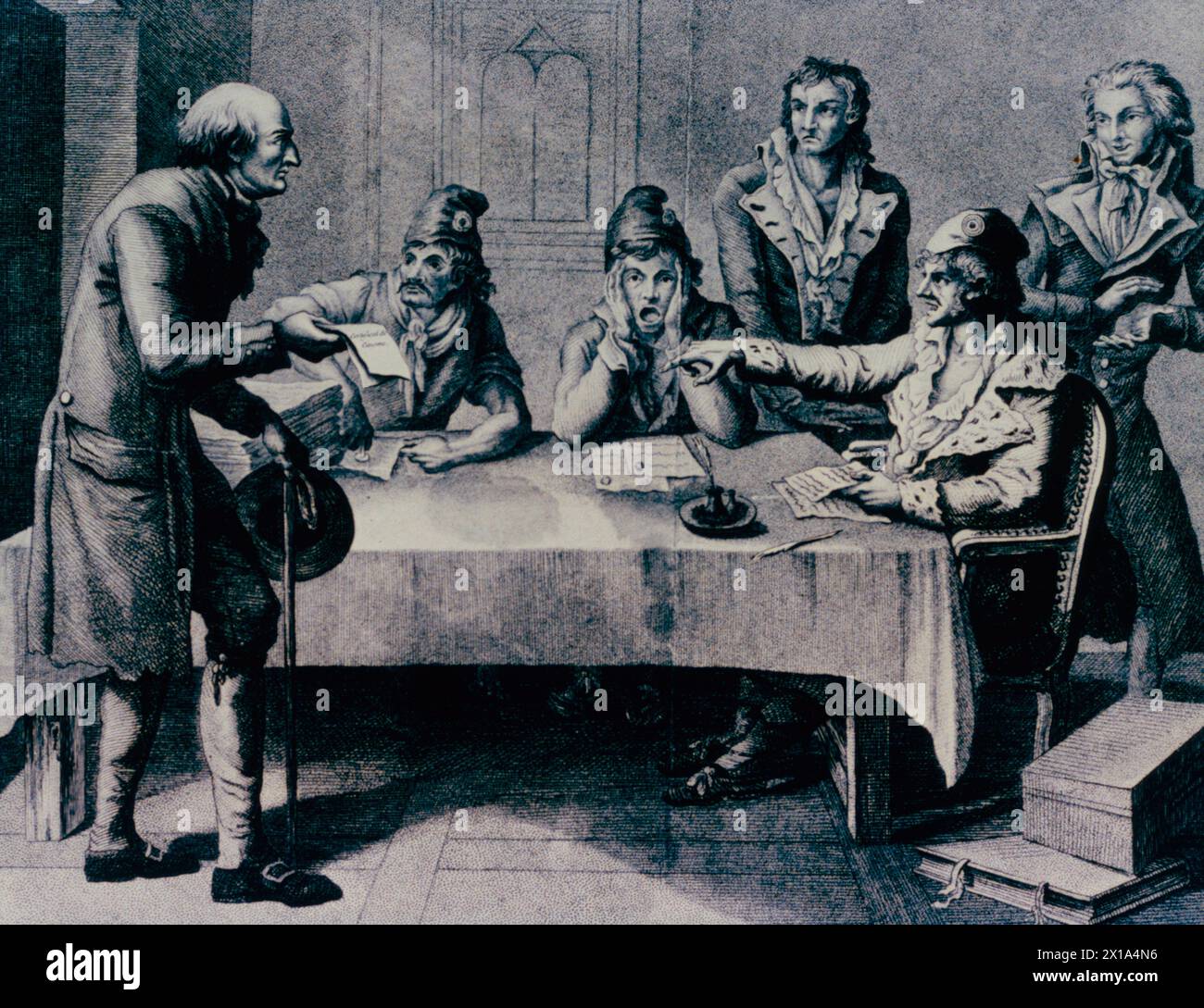 Un homme présente une pétition à un comité révolutionnaire français, illustration 18ème siècle Banque D'Images Un homme présente une pétition à un comité révolutionnaire français, illustration 18ème siècle Banque D'Images