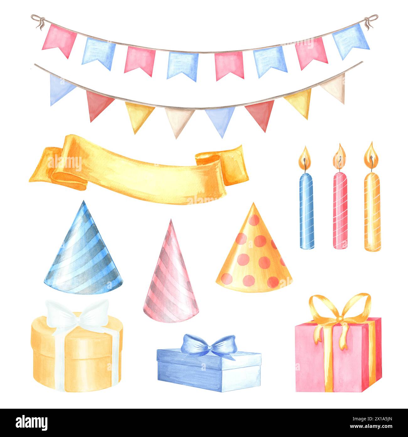 Cadeaux et chapeaux de fête, bougie avec des rubans bannière guirlandes festives avec des drapeaux, fanions. Jeu d'illustrations aquarelles. Modèle de décoration de vacances. Banque D'Images