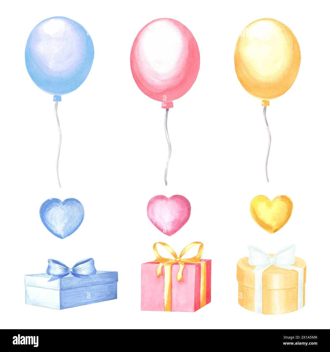 Ballons d'hélium cadeaux avec des arcs et des coeurs de bande dessinée. Jeu d'illustrations aquarelles. Collection de dessins festifs. Modèle de décoration de vacances. Isolé Banque D'Images