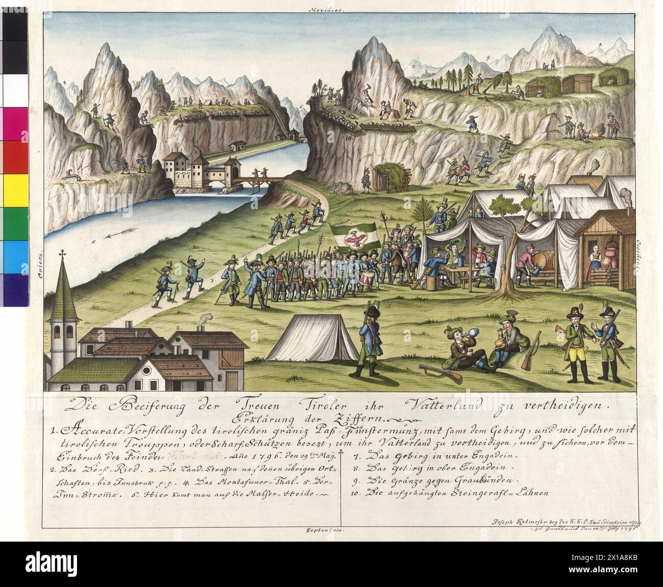 L'enthousiasme des fidèles tyroliens de leur patrie à la défense - Pass Finstermuenz, tirailleurs tyroliens aux préparatifs de la défense de la passe Altfinstermuenz à 29.5,1796. Vue d'un camp militaire au premier plan, dans l'auberge du milieu de terrain avec passeport et poste de douane, différentes préparations à la défense et un artifice à l'allumage des événements de chute de pierres. avec déclaration de la topographie les actualités. Dessin au stylo de couleur de Joseph Retmoser, signe et daté de 28. 1796 juillet 1796 - 17960101 PD0026 - Rechteinfo : droits gérés (RM) Banque D'Images