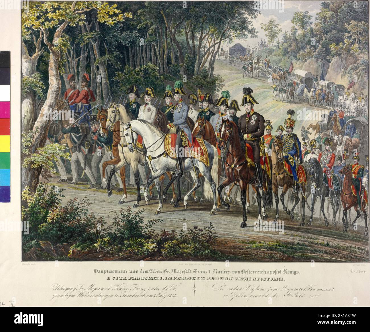 Tour à travers les Vosges 1815, l'empereur François Ier chevauche en compagnie du prince héritier Ferdinand et du prince maréchal Charles Philippe de Schwarzenberg à travers les Vosges, pour entrer dans Paris après la victoire de Napoléon à Waterloo. Lithographie de Franz Wolf basée sur un modèle de Johann Nepomuk Hoechle, de la série 'Hauptmomente aus dem Leben Sr. Majestaet Franz I. ', 1835 - 18350101_PD0093 - Rechteinfo : droits gérés (RM) Banque D'Images
