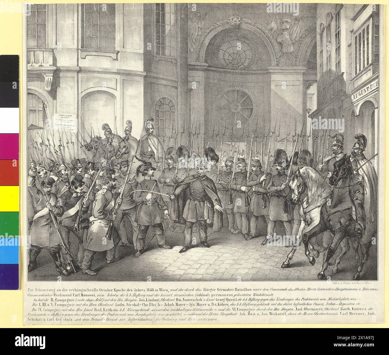 Vienne, Révolution d'octobre 1848, service de garde des citoyens-grenadier-bataillons sous l'escouade du commandant de division F. C. Manussi à la couverture du palais de la Hofburg et de l'Impérial appartenant à l'édifice de l'État., . Ayant la compagnie II, . Avec le capitaine Joseph Lindner, . Le palais k. k. Hofburg contre l'infiltrat, . De Michael's Square à partir de, . patronner, .». Lithografie von Berndt und (Vinzenz) Katzler., 01.10.1848 - 18481001 PD0001 - Rechteinfo : droits gérés (RM) Banque D'Images