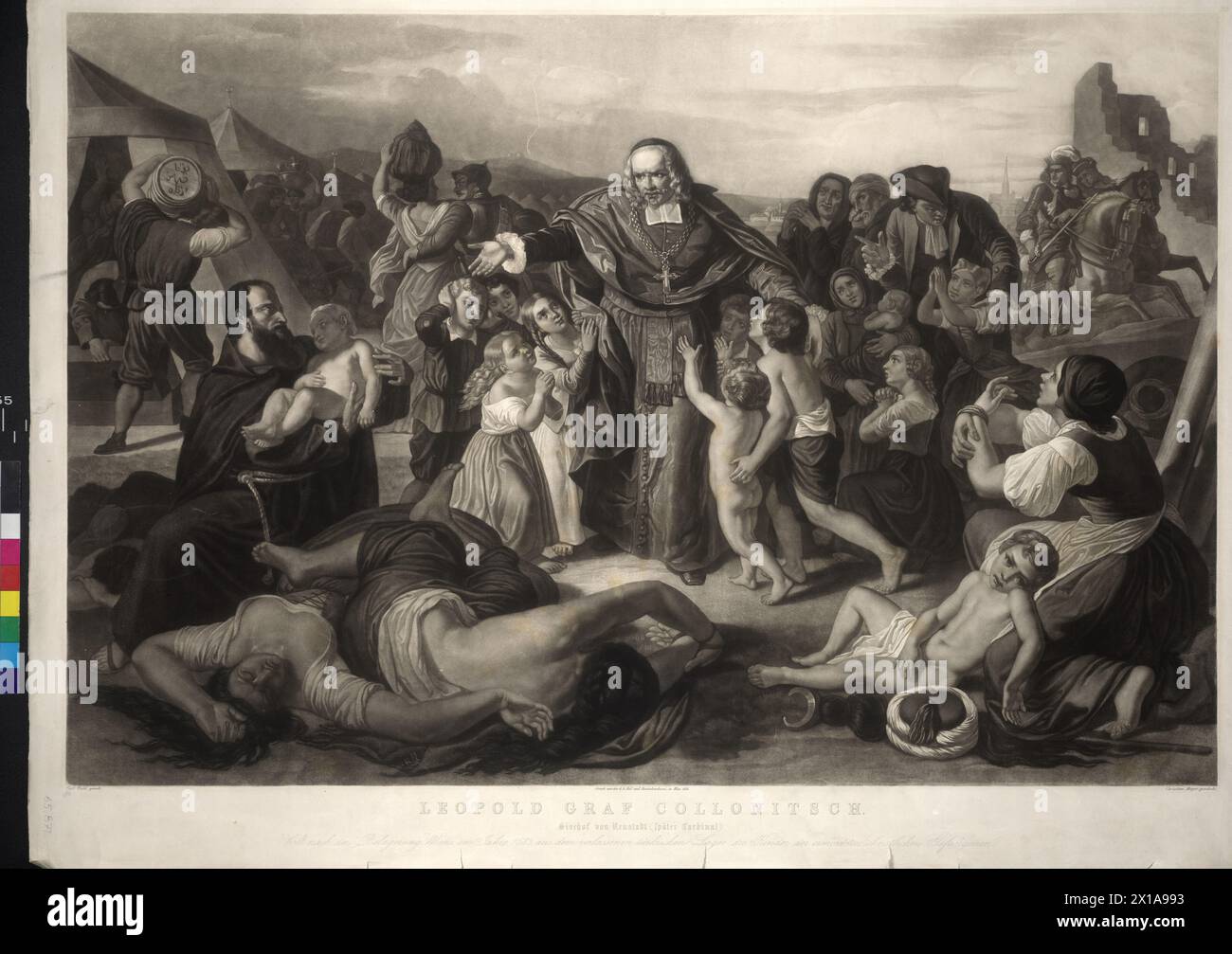 Léopold comte Kollonitz, évêque de la ville nouvelle viennoise, débarque les enfants du meurtre Christian du dépôt turc, Léopold comte Kollonitz (Kollonitsch) allant chercher dans le dépôt abandonné des Turcs à la libération Vienne 1683, les captifs chrétiens orphelins, le lui-même autour de lui surge mezzotint de Christian May (1855) basé sur la peinture de Carl Rahl., 1855 - 18550101 PD1474 - Rechteinfo : droits gérés (RM) Banque D'Images