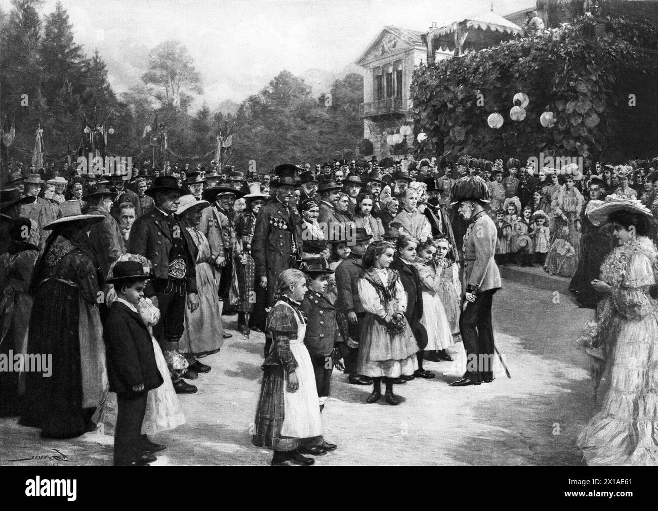 Anniversaire empereur Franz Joseph, les députés du conseil du Salzkammergut félicitent l'empereur aux 70. Anniversaire à Ischl. Peinture de Gause (1907), dépeindre comme photogravure., 18.08.1900 - 19000818 PD0003 - Rechteinfo : droits gérés (RM) Banque D'Images