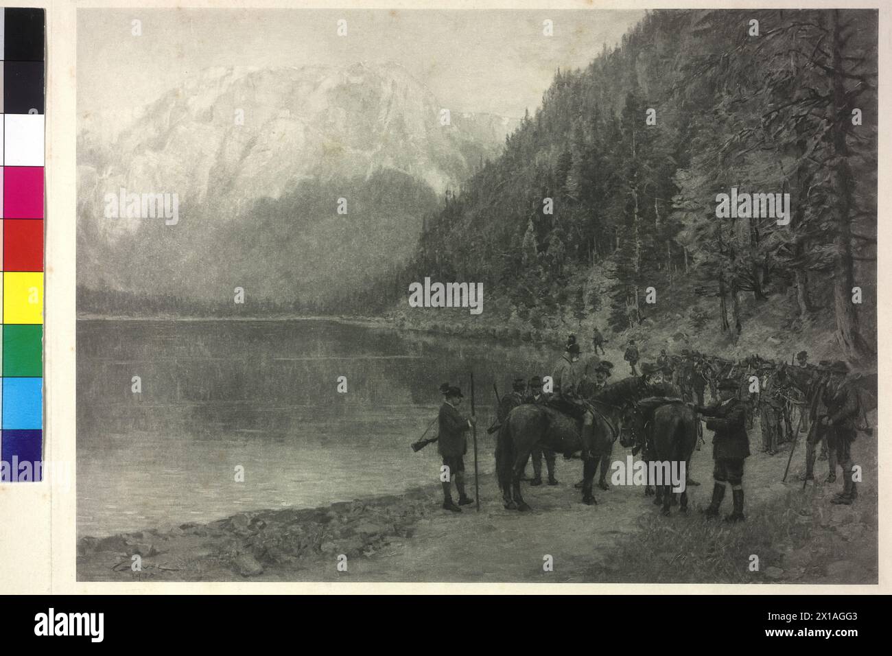 François Joseph Ier, empereur d'Autriche, François Joseph Ier pendant larme d'Offensee (lac Offen) à la chasse au Gruenberg (montagnes mortes), probablement à l'été 1909. Réplique basée sur une aquarelle de William Gause (1910), 1910 - 19100101 PD16425 - Rechteinfo : Rights Managed (RM) Banque D'Images