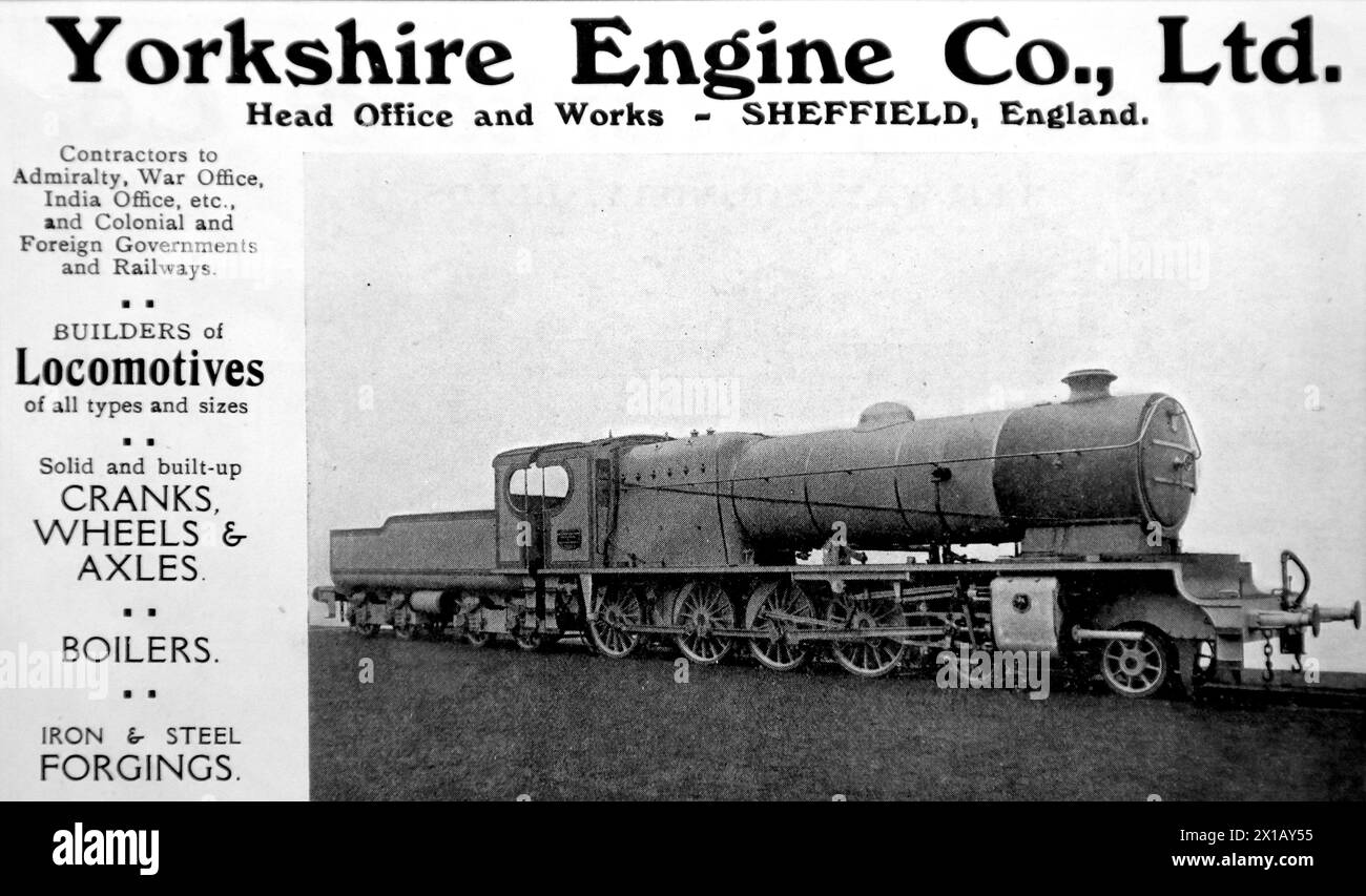 Publicité pour le Yorkshire Engine Co. Ltd de Sheffield. Entrepreneurs de l'Amirauté, du War Office, du India Office, et des gouvernements coloniaux et étrangers et des chemins de fer. D’après une publication originale datée du 15 mai 1924, cela contribue à donner un aperçu des transports publics, et des chemins de fer en particulier, des années 1920 Banque D'Images