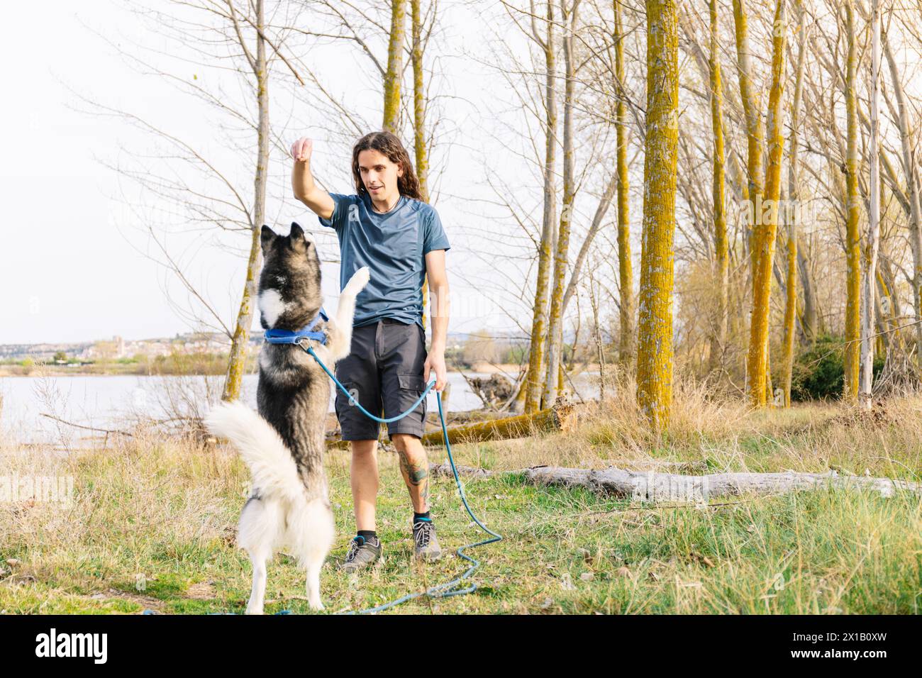 Photo horizontale actif jeune homme avec de longs cheveux engage son Husky attentif dans un exercice d'entraînement au milieu des arbres dorés d'une rivière sereine Banque D'Images