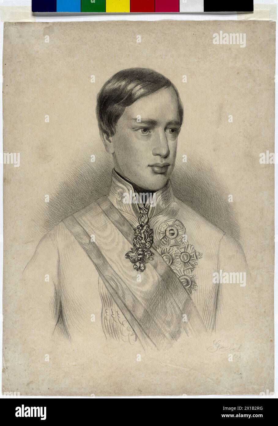 Franz Joseph Ier, empereur d'Autriche, photo du monarque juvénile dans le gala du maréchal allemand dessin au crayon uniforme de Carl Goebel, sur carton, signé et daté 'Goebel (1) 849', 1849, - 18490101 PD0745 - Rechteinfo : droits gérés (RM) Banque D'Images