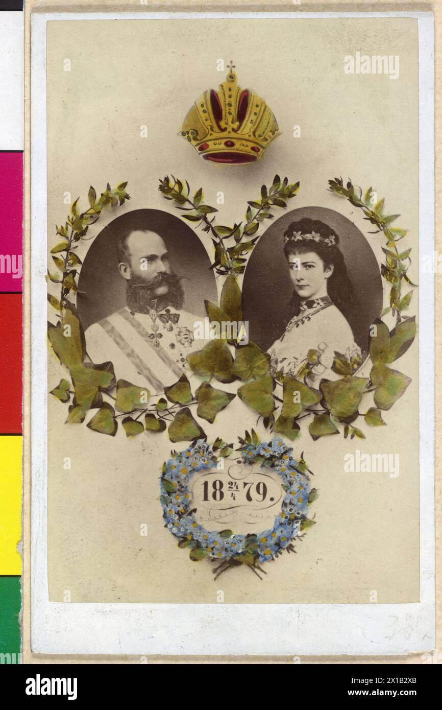 François Joseph Ier, empereur d'Autriche et Élisabeth, impératrice d'Autriche, tableau avec représentation du couple impérial : François Joseph en uniforme de gala d'un maréchal impérial et royal en ajustement allemand, Élisabeth avec robe dekolletiertem. hommage dans l'ocpassion du mariage d'argent le 24. Avril 1879, - 18790101_PD0940 - Rechteinfo : droits gérés (RM) Banque D'Images