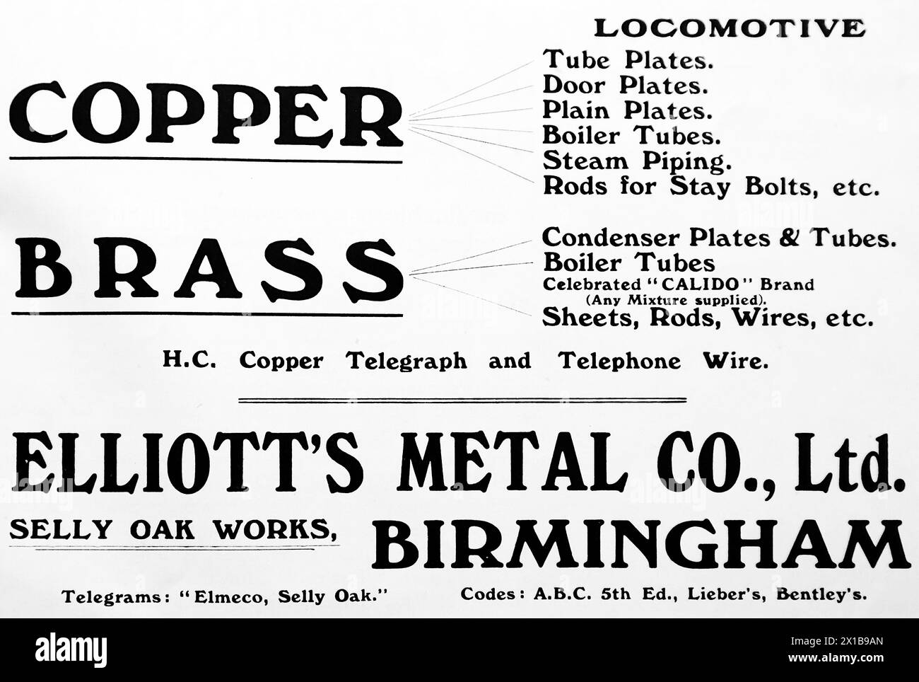 Publicité pour Elliott’s Metal Co. Ltd, de Selly-Oak, Birmingham. Garnitures de locomotive en cuivre et en laiton. D’après une publication originale datée du 15 mai 1924, cela contribue à donner un aperçu des transports publics, et des chemins de fer en particulier, des années 1920 Banque D'Images