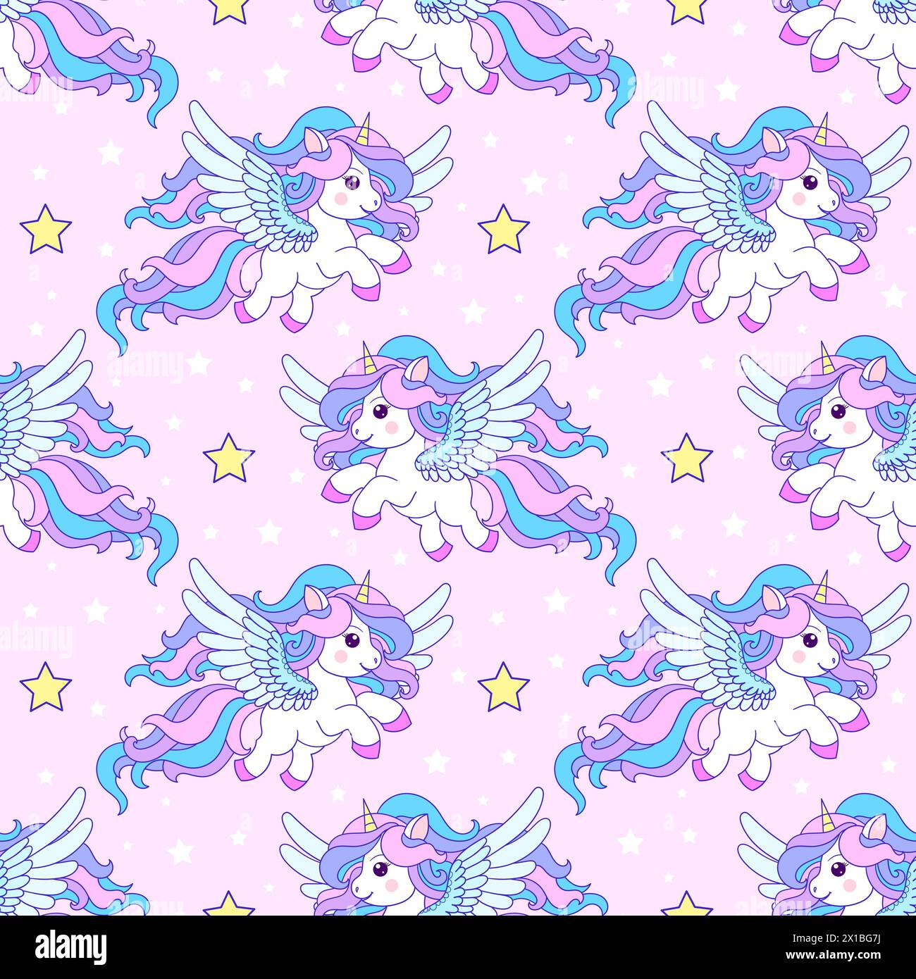 Modèle sans couture avec licornes blanches et étoiles sur un fond rose. Pour la conception de tissu pour enfants, arrière-plans, papier peint, papier d'emballage, impressions, voiture Illustration de Vecteur