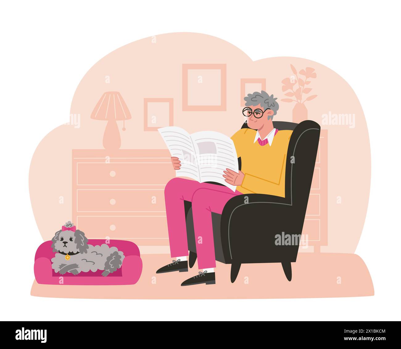 Un homme âgé est assis dans une chaise confortable et lit un journal Illustration de Vecteur