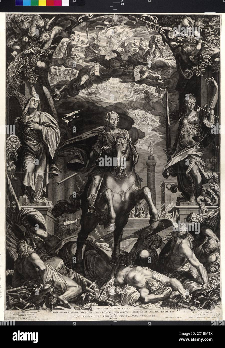L'empereur Ferdinand II gloire au-dessus de son ennemi, l'empereur à cheval dans l'armement ancien, gloire sur les hérétiques, les mécréants et les Turcs. Il traverse un arc de triomphe, l'allégorie de la croyance avec l'inscription 'IMMOTA' (unshaken), ainsi que l'allégorie de la justice, avec l'inscription 'INTERRITA' (sans aucun doute). Au-dessus de l'aigle impérial empereur et dans le ciel ajouré différentes allégories (vertus), dans l'angle de la tête mettant avec des branches de laurier, casque, d'un brochet garni et des bannières. Insinuation sur le monde antique par l'inscription (Divum César) et le pilier tordu (Trajan Banque D'Images