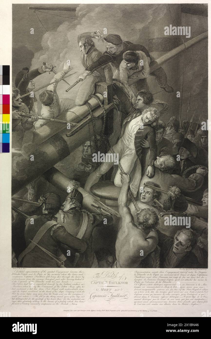 Faulknor, Robert, la mort du capitaine britannique Robert Faulknor le 4/5.1.1795 à bord de sa frégate Blanche, lors d'une action navale avec le navire de guerre français pique devant la Guadeloupe. (Faulknor sur l'Ankerspill de son vaisseau genuflect, et le bras droit sur l'intestin du pique), gravure (technique mixte) de William Bromley et C. Blackberd basée sur une peinture de Thomas Stothard, - 18000101 PD0378 - Rechteinfo : Rights Managed (RM) Banque D'Images