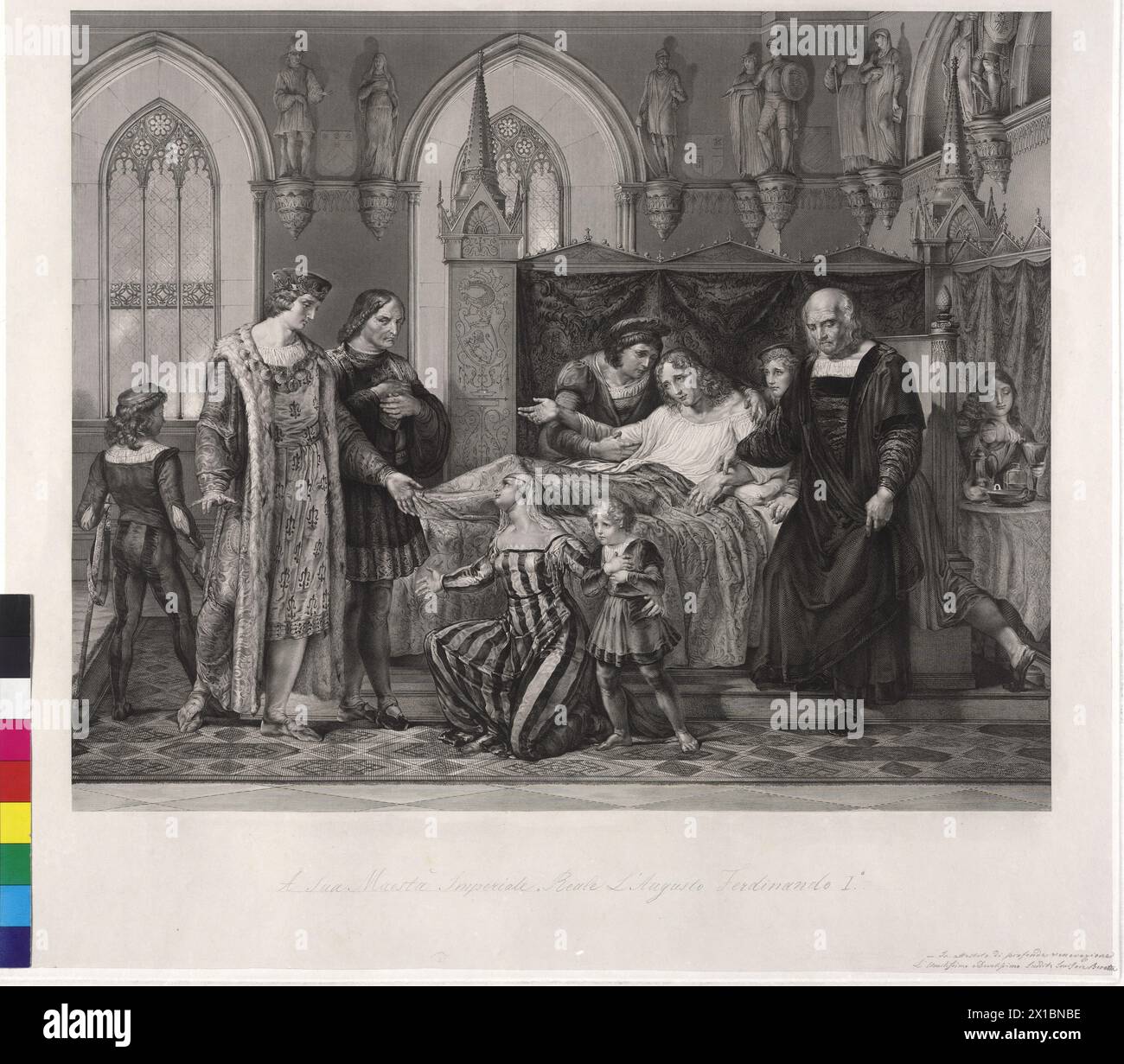 Charles VIII, le roi de France, rend visite à Gian Galeazzo Maria Sforza à Pavie 1492, Charles VIII va à Gian Galeazzo Maria Sforza dans le château de Pavie, qui est allongé malade dans son lit, parce qu'il est empoisonné par son oncle Ludovico Sforza (gène il Moro). Charles VIII est dans l'entourage de Ludovico Sforza (il Moro), à ses feets Isabelle d'Aragon, l'épouse de Gian Galeazzo et de son fils Francesco Sforza. Sur la droite au lit d'un médecin du Gian Galeazzo l'expérience de pouls, gravure sur cuivre par Giuseppe Beretta basée sur son propre dessin basé sur la peinture de Pelagio Palagi dédicace manuscrite Banque D'Images