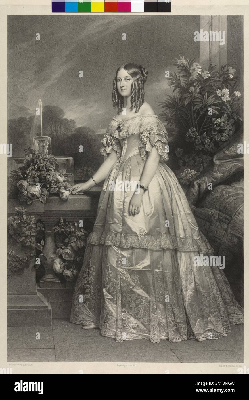 Victoria, princesse de Saxe-Cobourg-Gotha, image (figure entière, debout, profil aux trois quarts à partir de la gauche), lithographie de Henri Grevedon 1843, d'après une peinture de Franz Xavier Winterhalter 1840. Imprimeur ou éditeur Lemercier, - 18430101 PD0719 - Rechteinfo : Rights Managed (RM) Banque D'Images