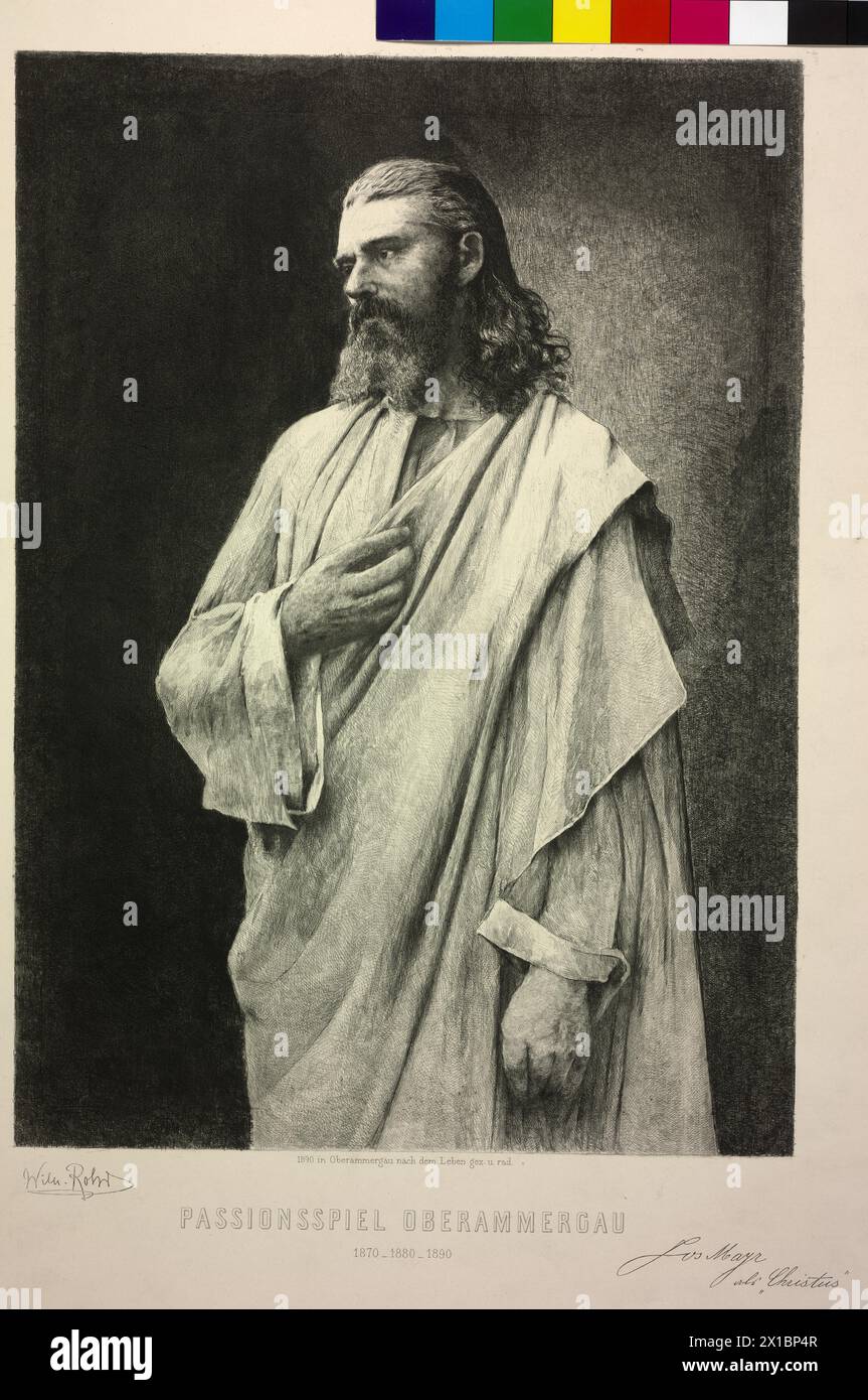 Mayr, Joseph, image du type de rôle du Christ aux pièces de passion à Oberammergau, 1890 (demi-figure, profil aux trois quarts à partir de la gauche), gravure basée sur son propre dessin de Wilhelm Rohr, - 18900101 PD15084 - Rechteinfo : droits gérés (RM) Banque D'Images