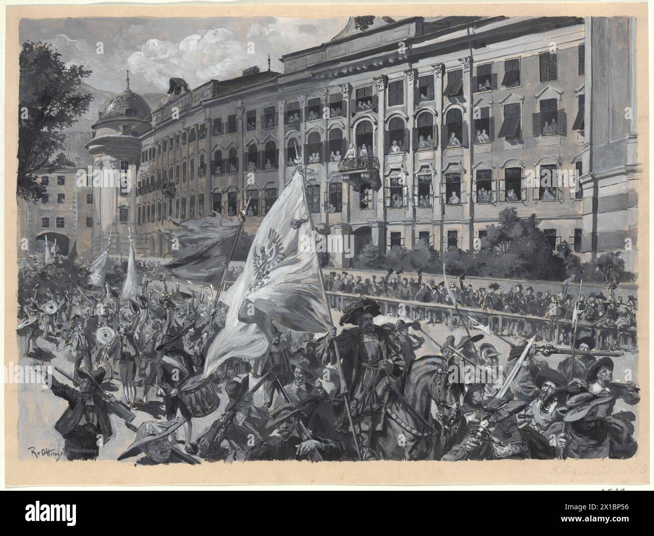 Le concours à Insbruck en l'an 1863, concours en présence de l'empereur Franz Joseph le 29.9.1863 à l'occasion de l'incorporation quinquennale du Tyrol avec l'Autriche couvrant des couleurs en Weiss, gris et noir, sur une boîte en carton fauve, par Rudolf von Ottenfeld, a signé des croquis à la 'Kronprinzenwerk' (la monarchie austro-hongroise en paroles et en images, Vienne 1886-1902), volume 'Tirol und Vorarlberg', 1893, page 203, - 18930101 PD1464 - Rechteinfo : droits gérés (RM) Banque D'Images