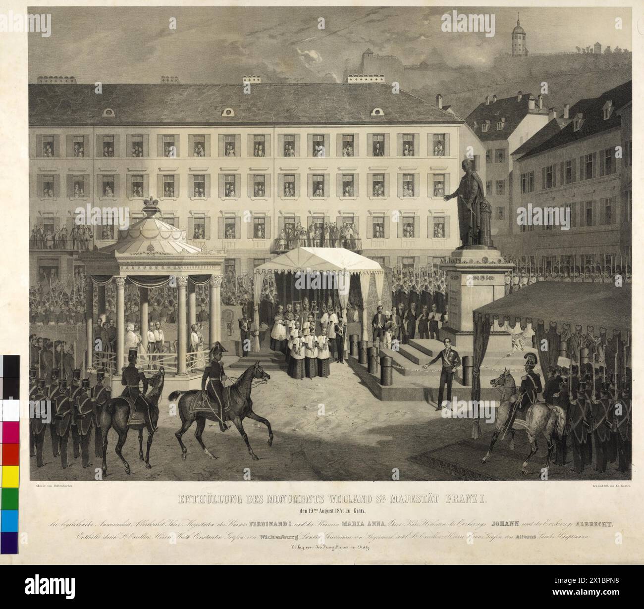 Graz : dévoilement d'un monument, découverte du monument de François Ier, Empereur d'Autriche le 19.8.1841 à Graz. Lithographie tonique basée sur le dessin d'Eduard Kaiser sur une mise en page de Joseph Rottenbacher, - 19300101_PD21301 - Rechteinfo : droits gérés (RM) Banque D'Images