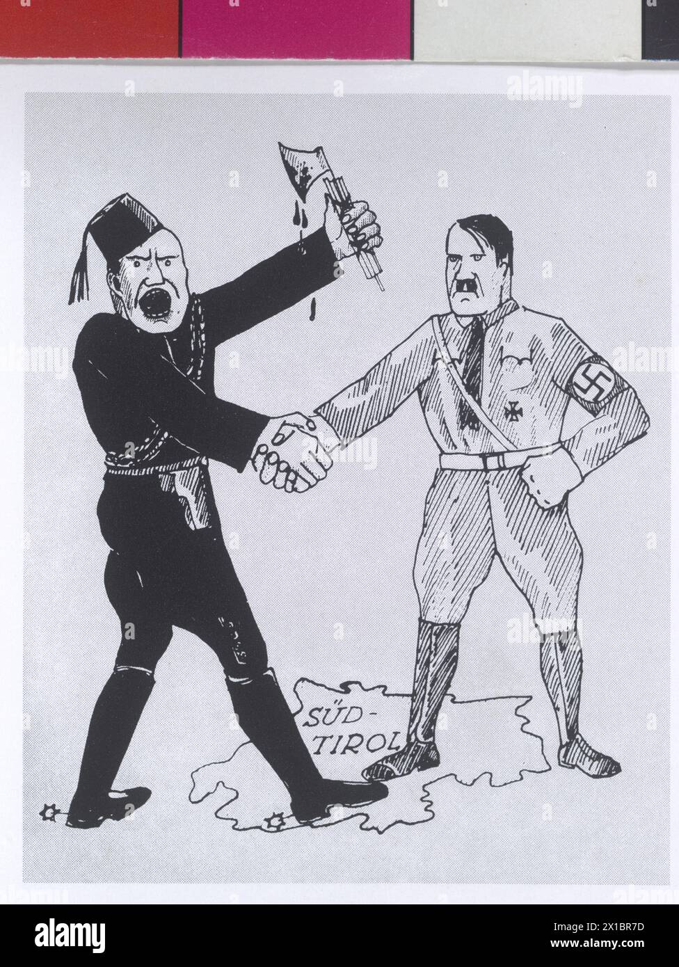 Mussolini, Benito et Hitler, Adolf, caricature sur le compromis de Mussolinis avec Hitler en ce qui concerne le Tyrol du Sud, tirage basé sur le dessin, - 19380503 PD0031 - Rechteinfo : Rights Managed (RM) Banque D'Images
