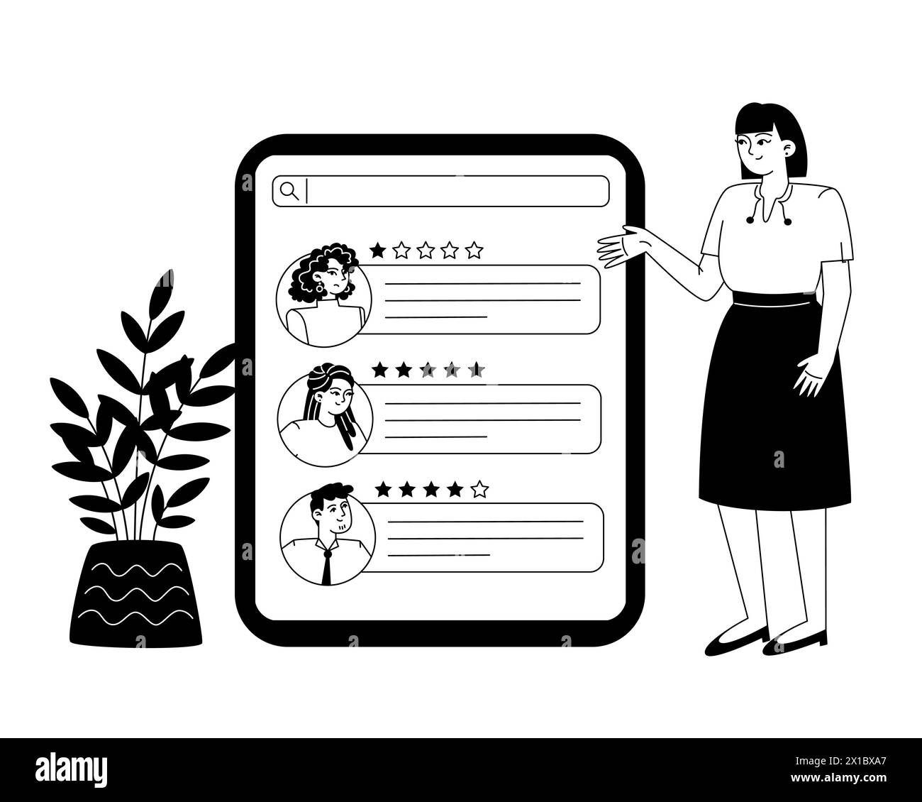 Une employée regarde diverses critiques de personnes sur l'écran d'une grande tablette Illustration de Vecteur