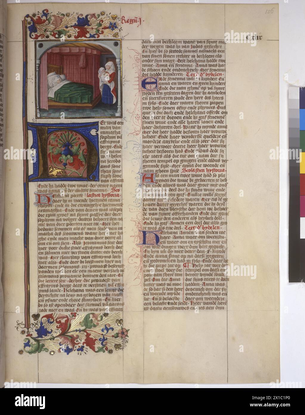 Histoire-Bible de l'Evert van Soudenbalch, codex 2771 folio 156 recto, pleine page : en deux colonnes texte avec miniature (nativité Samuel), couverture couleur initiale H, bordure et initiales Fleuronnee, - 19830422 PD147227 - Rechteinfo : droits gérés (RM) Banque D'Images