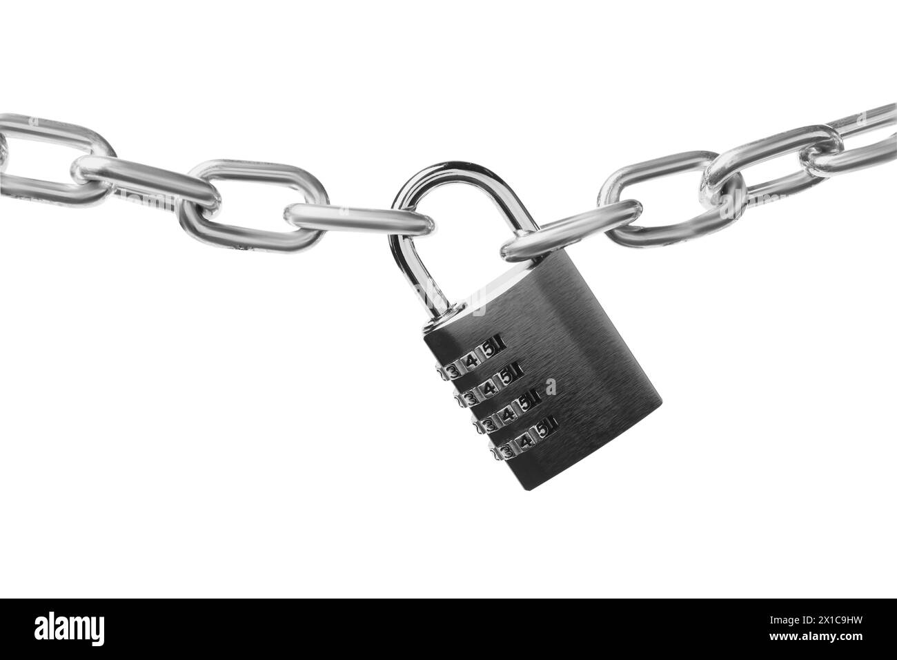 Cadenas à combinaison en acier et chaîne isolé sur blanc Banque D'Images