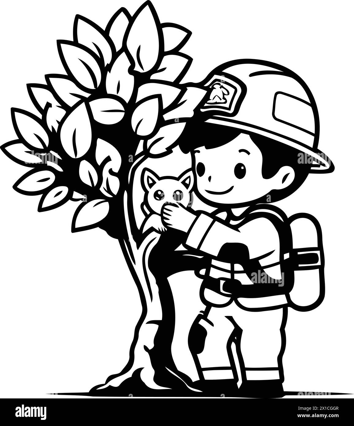 Pompier de dessin animé avec chat sur l'arbre. Illustration vectorielle mignonne. Illustration de Vecteur