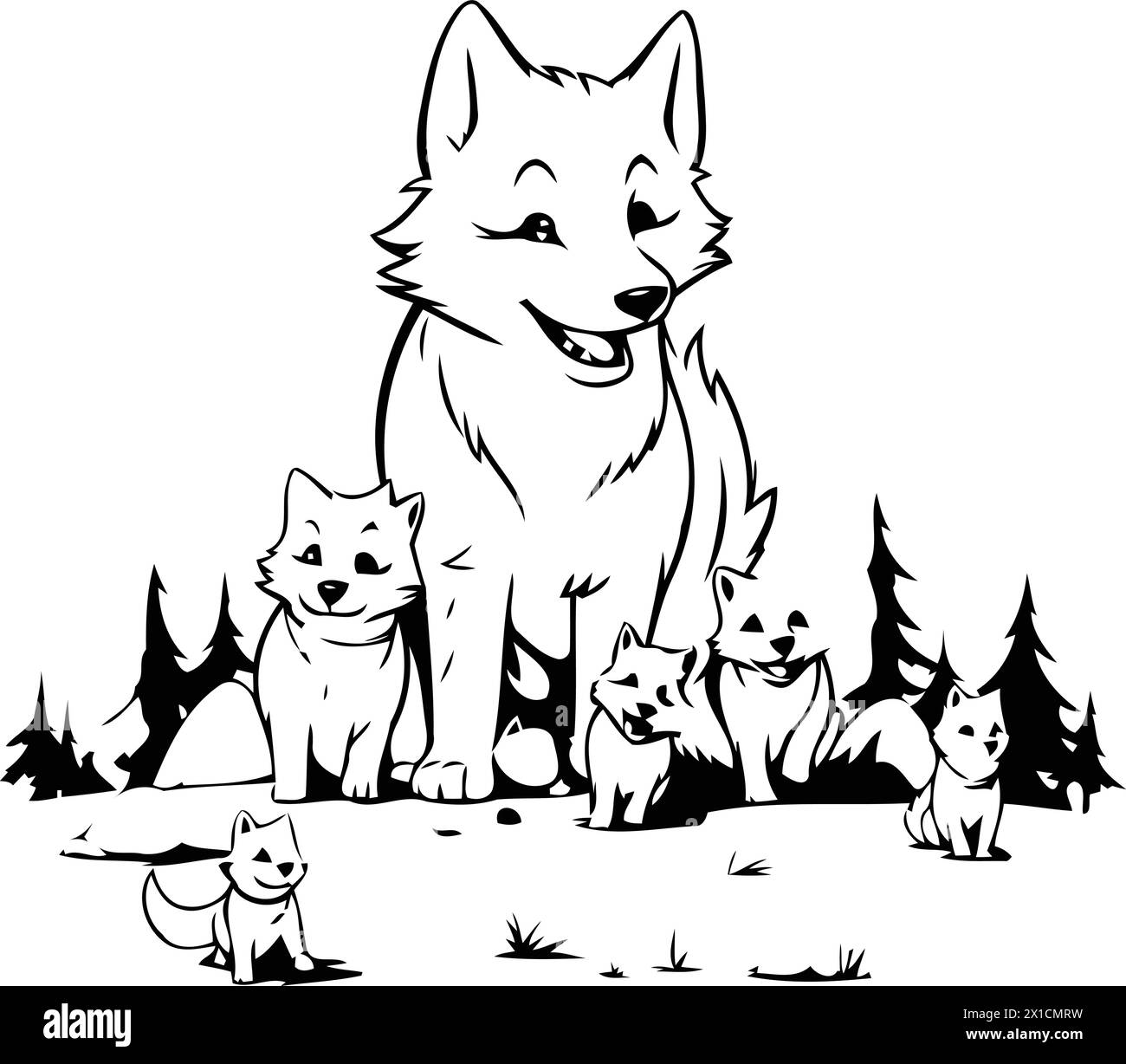 Illustration d'un groupe de chiens Husky dans la forêt. Illustration de Vecteur
