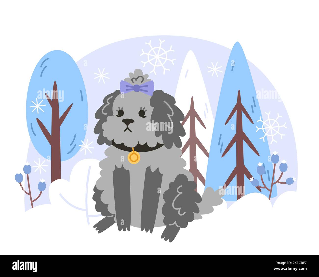 Petit chien bouclé assis dans une forêt enneigée Illustration de Vecteur