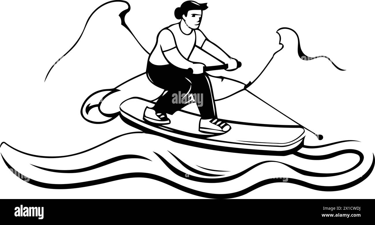 Homme conduisant un scooter aquatique sur les vagues. Illustration vectorielle. Illustration de Vecteur