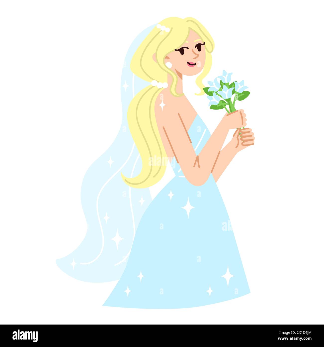 Blonde belle mariée en robe de mariée à la mode avec un bouquet de fleurs dans un style plat Illustration de Vecteur