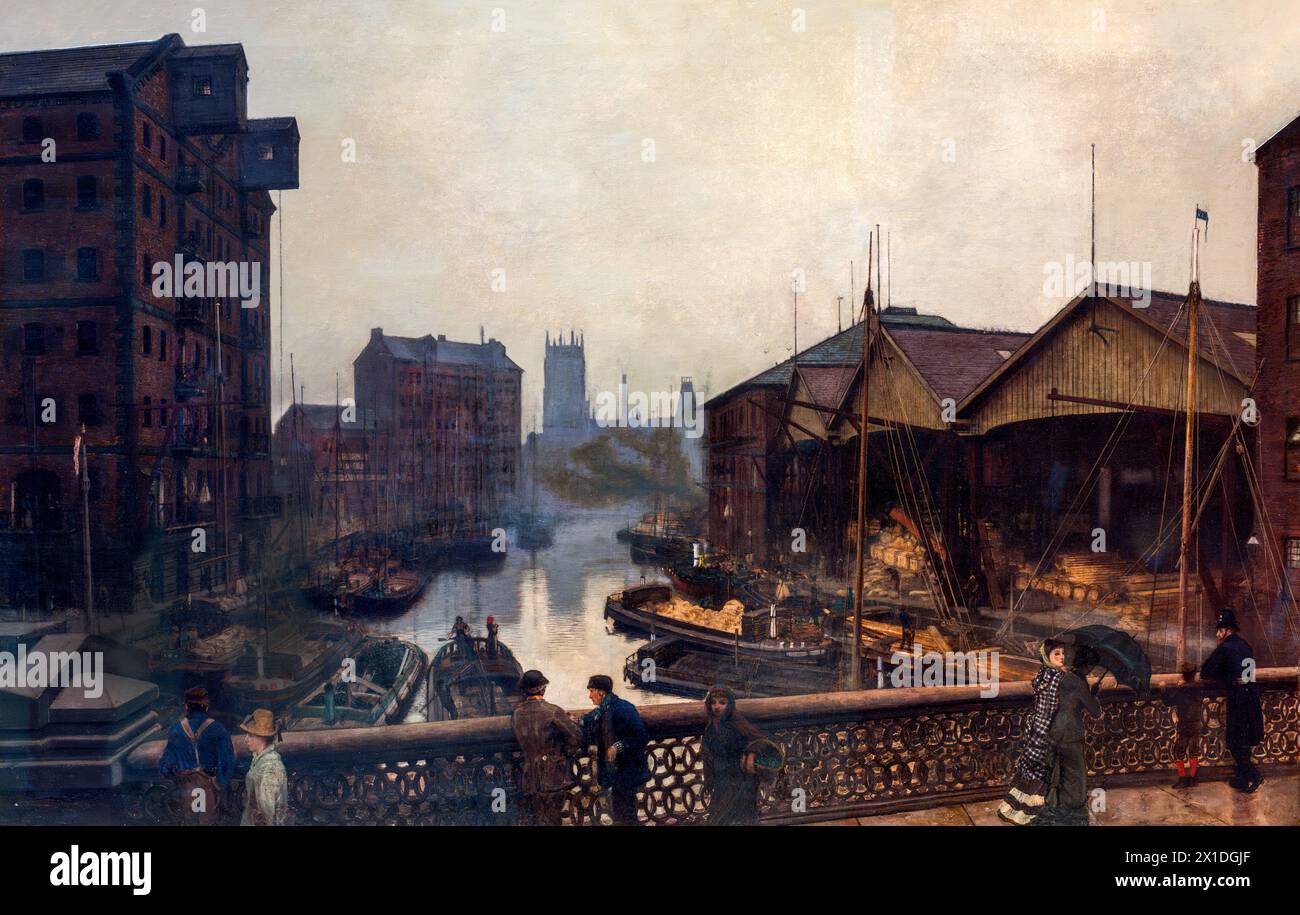 Tableau intitulé 'Leeds Bridge' de John Atkinson Grimshaw (1836-1893), huile sur carte montée sur toile, 1880 Banque D'Images