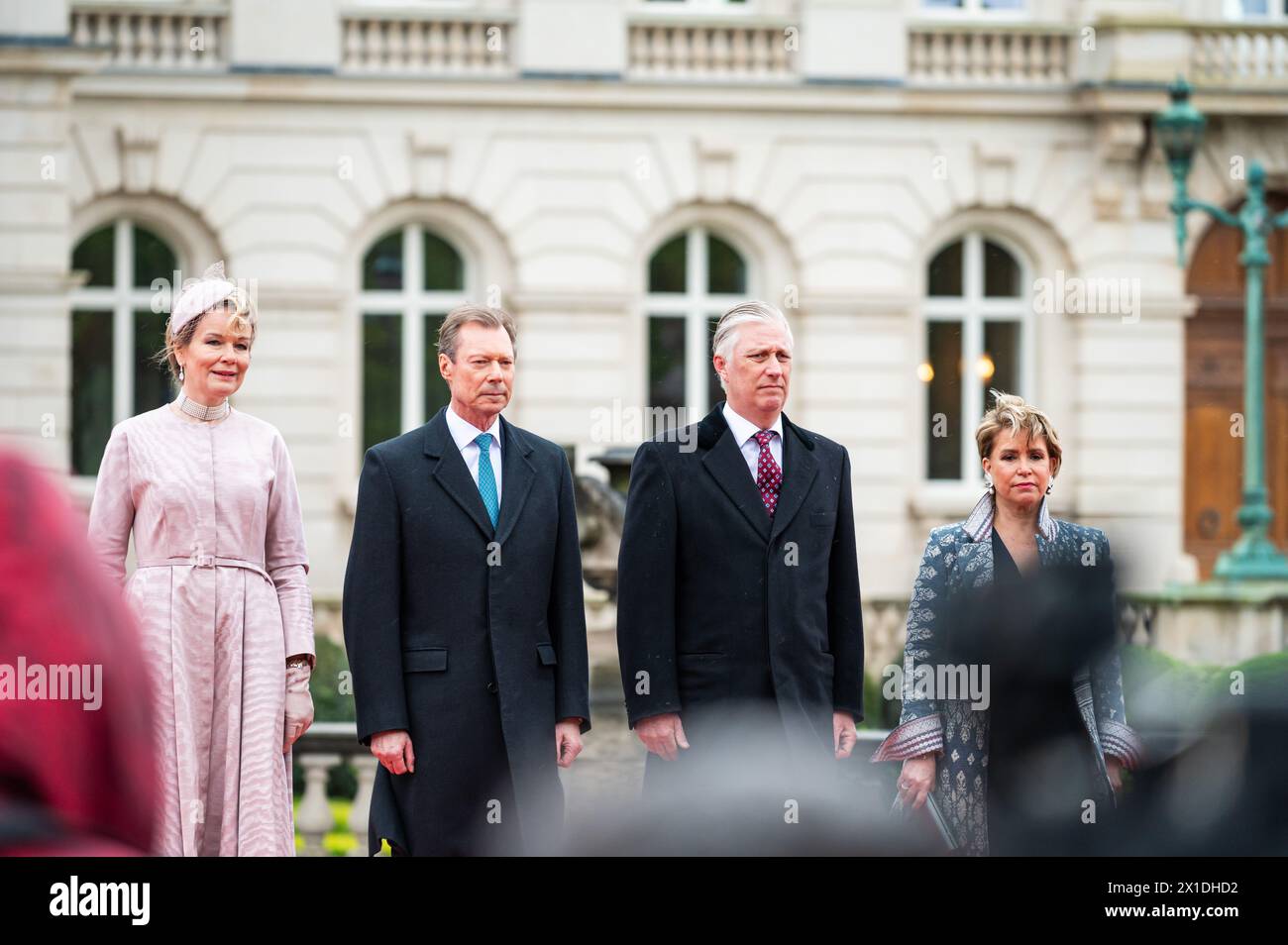 Le roi belge Filip et la reine Mathilde avec le grand-duc Henri et la grande-duchesse Maria Teresa, Bruxelles, Belgique, 16 avril 2024 - visite d'Etat de Banque D'Images