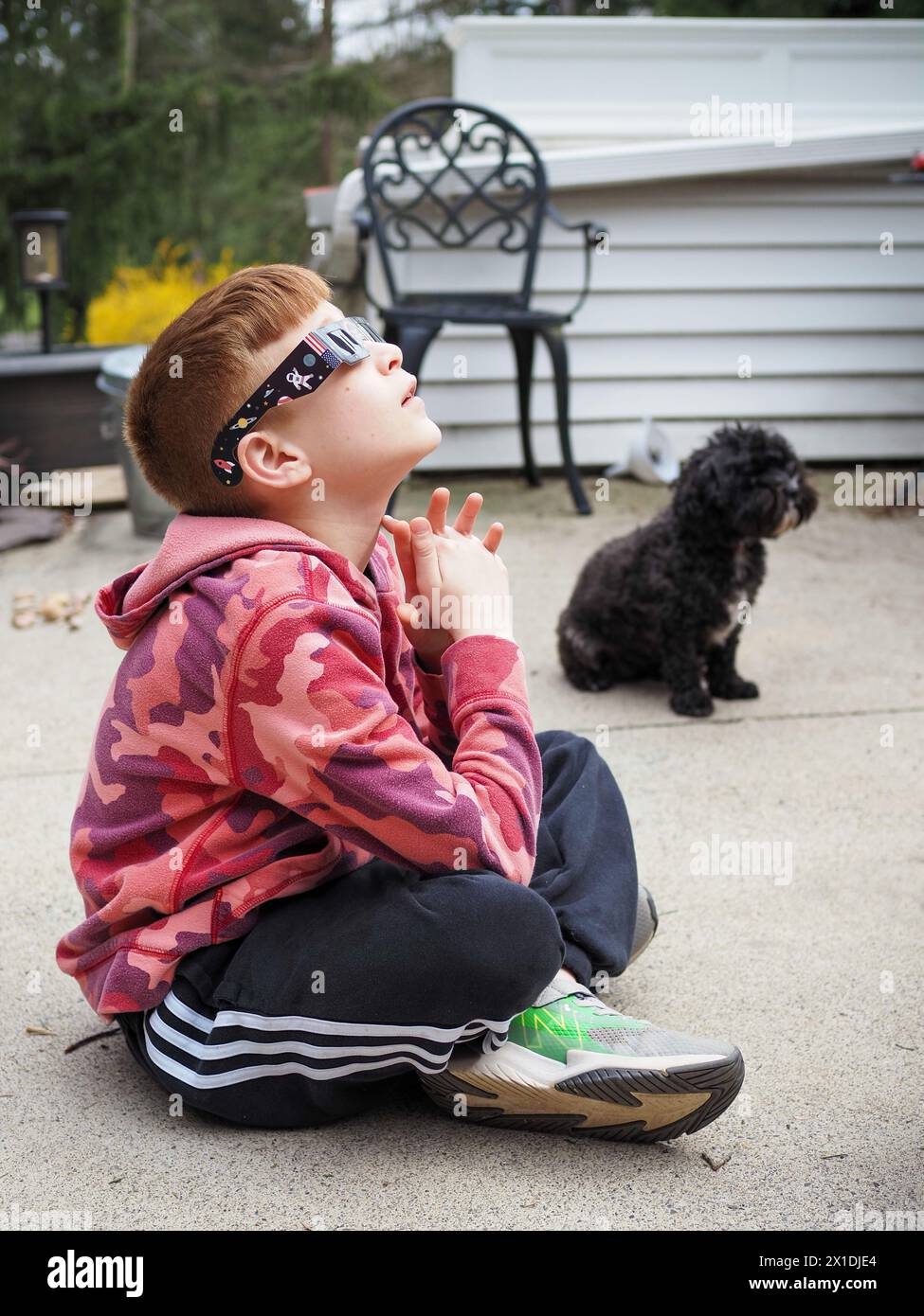 Garçon étonné de 11 ans regardant l'éclipse solaire 2024 et portant des lunettes d'éclipse pour la protection des yeux. Chien de compagnie en arrière-plan. Banque D'Images