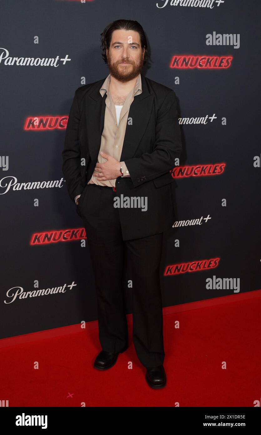 Adam Pally assiste à la première mondiale de la série Paramount+ Knuckles, à l'Odeon luxe, Leicester Square, Londres. Date de la photo : mardi 16 avril 2024. Banque D'Images