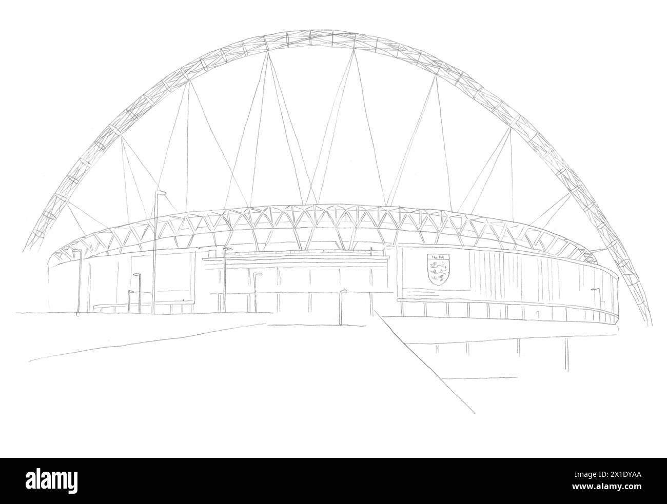 Croquis de dessin au crayon architectural du stade de Wembley à Londres, Royaume-Uni Banque D'Images
