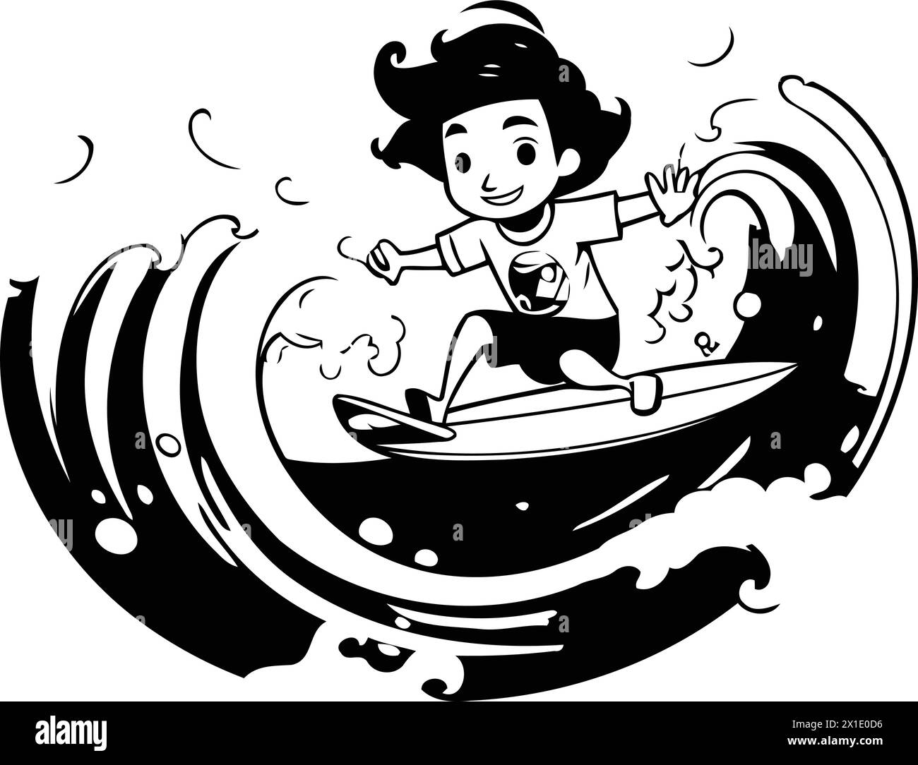 Illustration vectorielle de dessin animé d'un surfeur sur une grande vague. Illustration de Vecteur