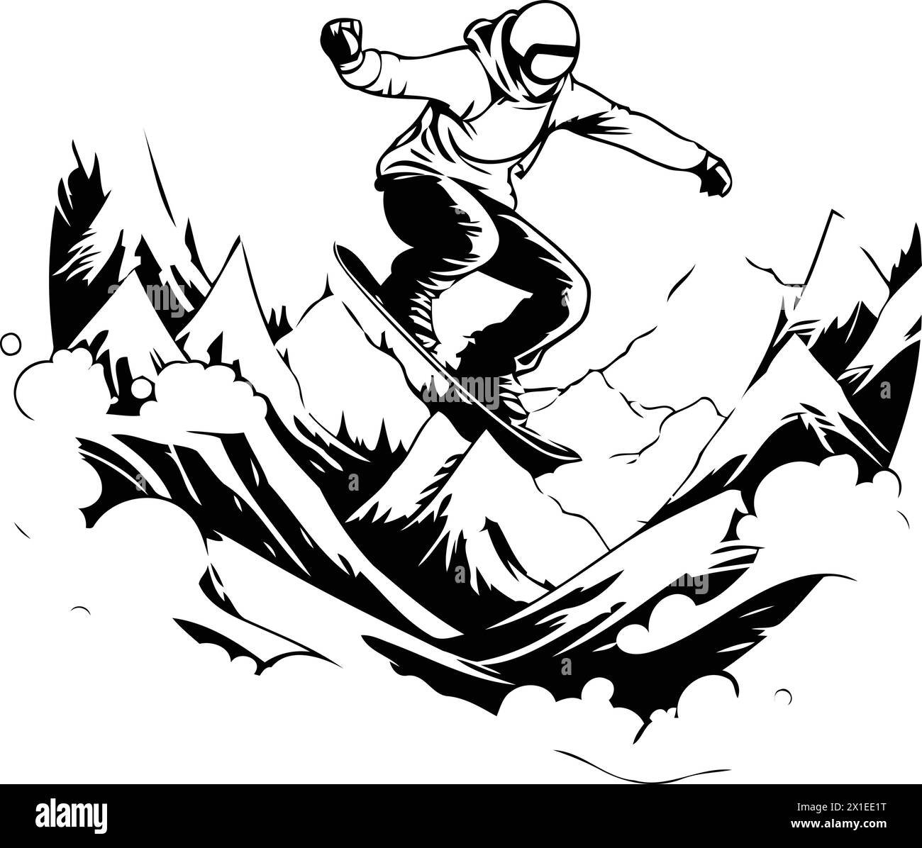 Snowboarder sautant dans les montagnes. Illustration vectorielle dans un style rétro. Illustration de Vecteur