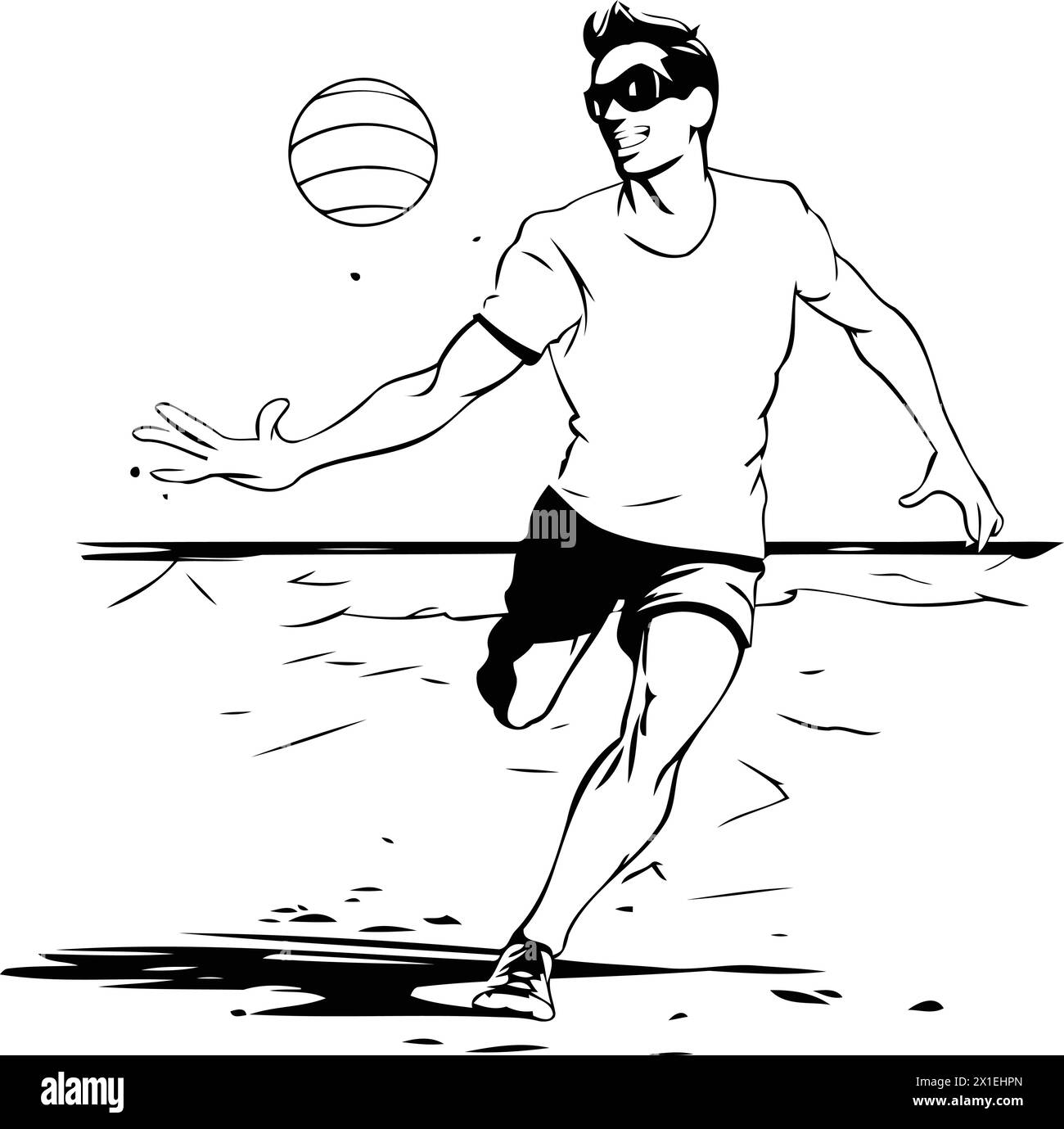 Beau jeune homme jouant au volley-ball sur la plage. Illustration vectorielle. Illustration de Vecteur
