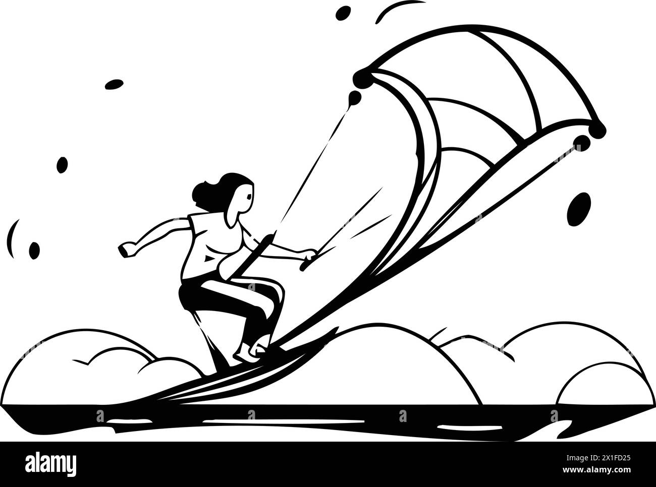 Illustration vectorielle de sport de kitesurf. Homme chevauchant un cerf-volant sur les vagues Illustration de Vecteur
