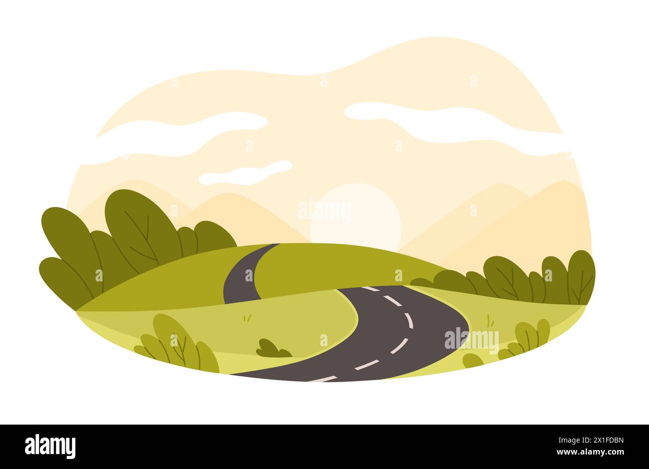 Une route de campagne pittoresque serpente à travers des collines verdoyantes sous un ciel de coucher de soleil doré, laissant entendre à la fin d'une journée tranquille isolée Illustration de Vecteur