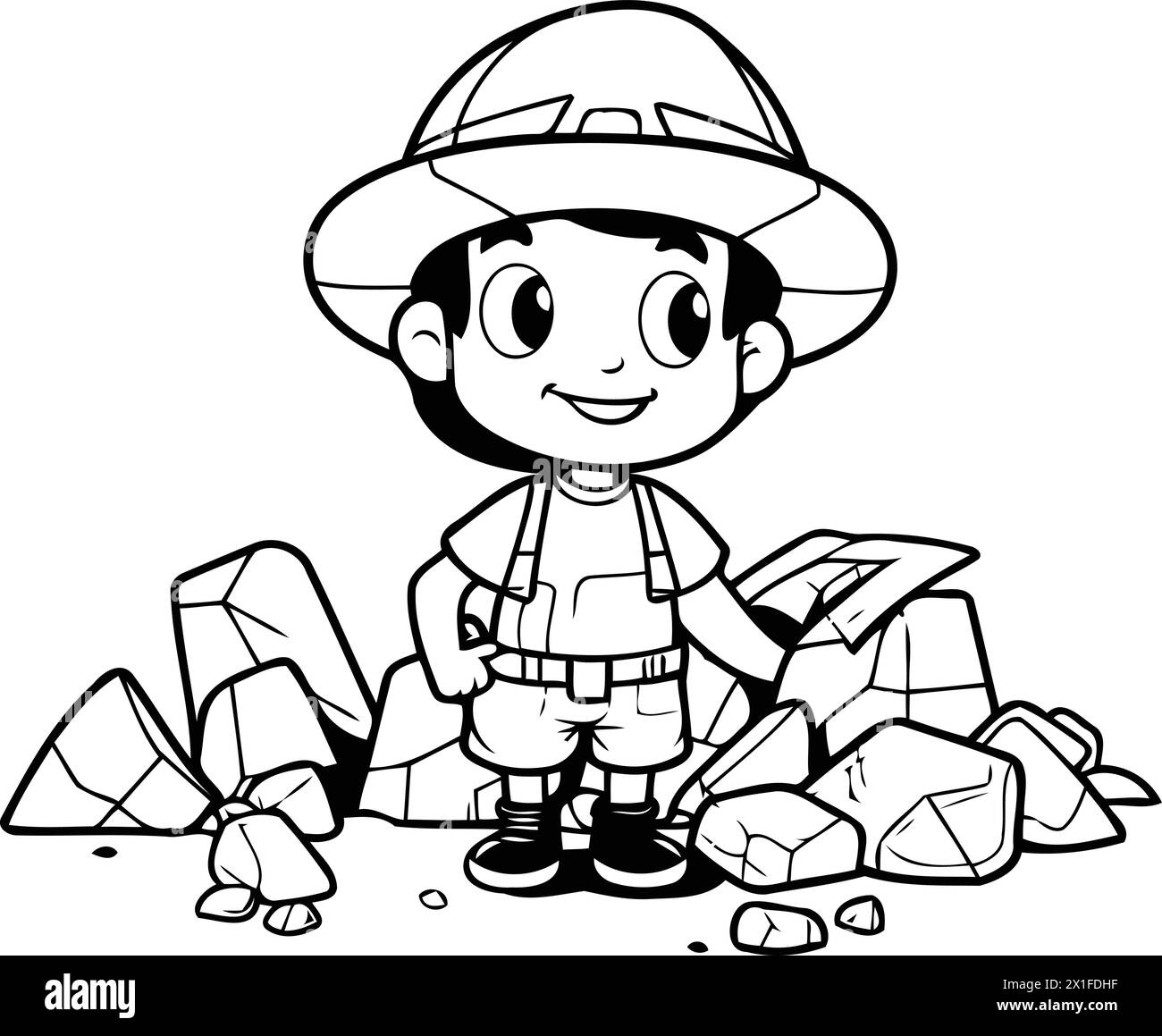 Garçon explorateur avec carte au trésor dans sa main. Illustration vectorielle de dessin animé. Illustration de Vecteur